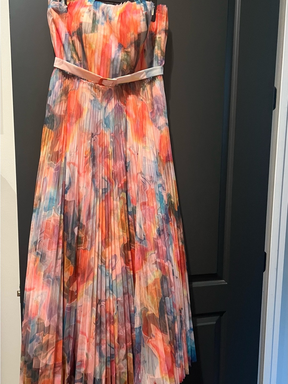 Hutch Multicolor Pleated Maxi Dress in Coral, Blue & Cream